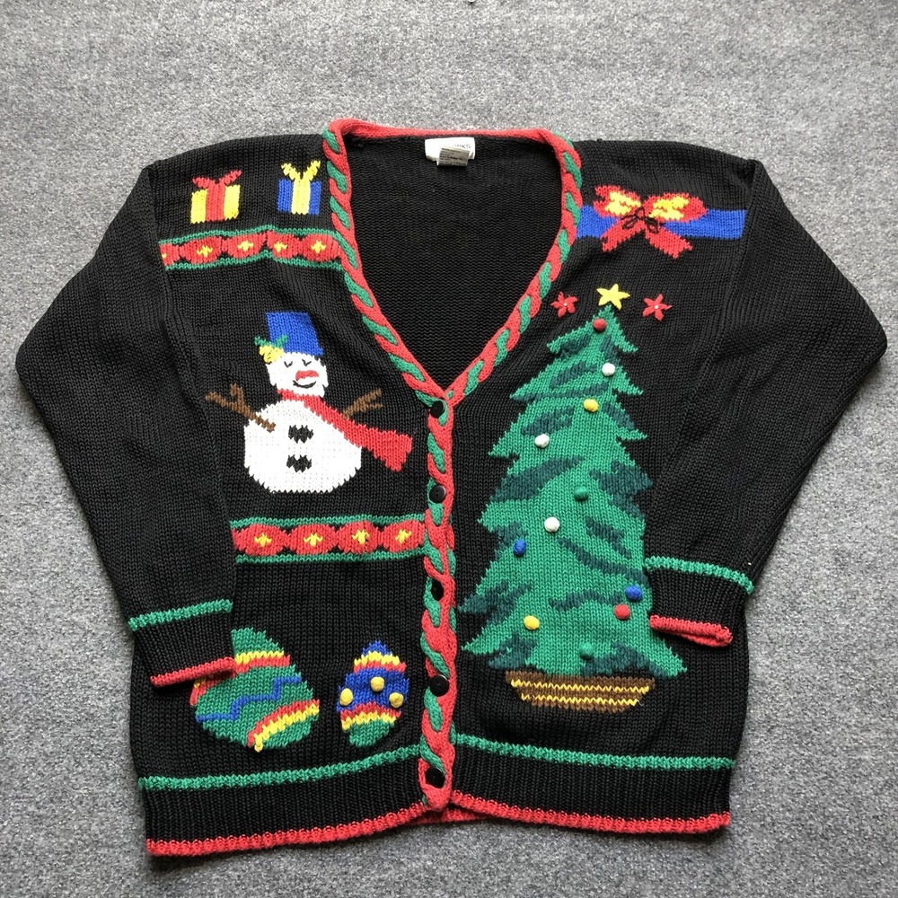 YarnWorks Cardigan Sweater Womens Large Petite Black Christmas Tree Snowman